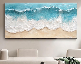 Original Blue Ocean Beach Painting on Canvas, Large Abstract Textured Sea Waves Painting, Seascape Wall Art, Fashion Living Room Home Decor
