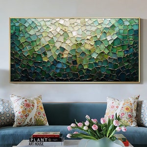 Abstract groen olieverfschilderij op canvas groot origineel getextureerd smaragdgroen boho kunst aan de muur moderne trendy minimalistische woonkamer interieur