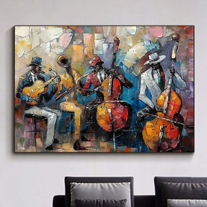 Abstract Jazz Music Oil Painting on Canvas Large Wall Art, Original Textured Black Jazz Art Modern Living Room Home Decor Gift for Musician