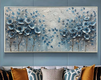 Original Blossom Tree Oil Painting on Canvas, Large Abstract 3D Textured Blue Floral Wall Art Custom Modern Fashion Living Room Home Decor