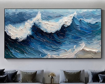 Original Ocean Oil Painting on Canvas, Large Abstract 3D Textured Blue Sea Wave Wall Art Custom Modern Boho Fashion Living Room Home Decor