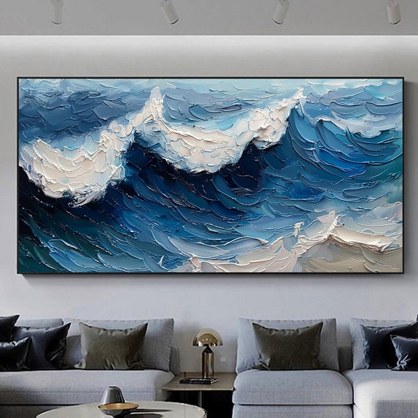 Original Ocean Oil Painting on Canvas, Large Abstract 3D Textured Blue Sea Wave Wall Art Custom Modern Boho Fashion Living Room Home Decor