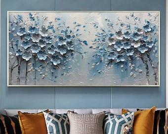 Abstract Blossom Tree Oil Painting on Canvas, Original Large 3D Textured Flower Wall Art Custom Modern Trendy Fashion Living Room Home Decor
