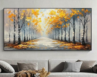 Abstract Forest Road Oil Painting on Canvas Large Original Textured Yellow Tree Landscape Wall Art Custom Modern Trendy Living Room Decor