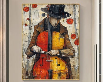 Gran pintura al óleo abstracta de violonchelista sobre lienzo, arte de pared, pintura personalizada contemporánea original, decoración de pared para dormitorio, regalo de violonchelista para él