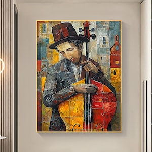 Abstract Cellist Oil Painting on Canvas, Large Wall Art Original Textured Figure Painting Contemporary Home Decor Handmade Cello Player Gift