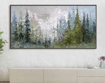 Textured Pine Forest Oil Painting, Misty Winter Trees Wall Art, Abstract Nature Snowy Landscape Home Decor, Modern Living Room Home Decor