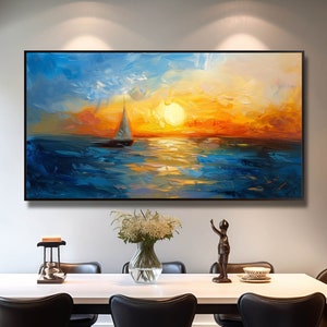Original Sea Sunrise Oil Painting on Canvas Large Abstract Textured Seascape Ocean Landscape Wall Art Custom Modern Trendy Living Room Decor