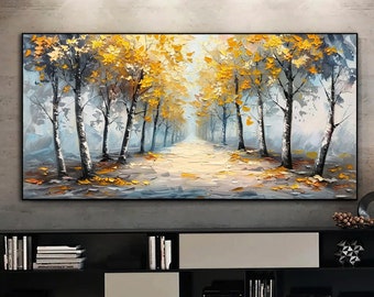 Abstract Yellow Landscape Oil Painting on Canvas Large Original Textured Tree Forest Road Wall Art Custom Modern Trendy Living Room Decor