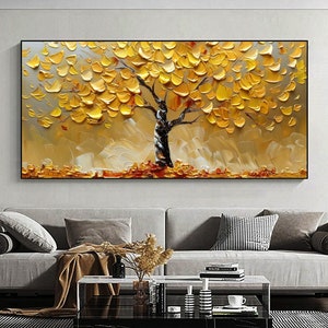 Abstract Golden Tree Oil Painting On Canvas, Large Original Gold Yellow Tree of Life, Texture Wall Art, Custom Modern Living Room Home Decor