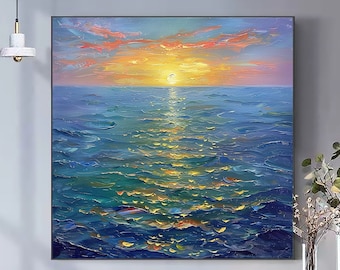 Abstract Seascape Oil Painting on Canvas Original Large Textured Sea Landscape Sunrise Ocean Wall Art Custom Modern Trendy Living Room Decor