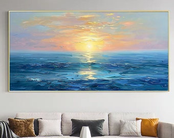 Original paysage marin peinture à l'huile sur toile grand abstrait texturé mer paysage lever de soleil océan art mural personnalisé moderne tendance salon décoration