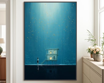 Original Floating Lights Leinwand Kunst, Mädchen Haus Surreal Ölgemälde, Blaue Nacht Traum Wanddekor, zeitgenössisches Wohnzimmer Kunstwerk Geschenk