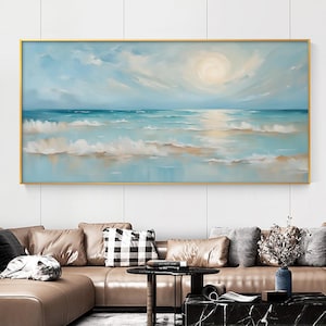 Original Blue Ocean Scenery Oil Painting On Canvas, Large Seascape Wall Art, Abstract Sea Waves Painting, Modern Living Room Home Decor