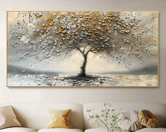 Large Abstract Blossom Tree Oil Painting on Canvas, Original Textured Grey Tree of Life Wall Art Custom Modern Living Room Home Decor Gift