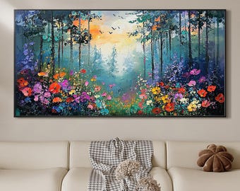 Large Abstract Colorful Forest Oil Painting on Canvas, Original Texture Tree Scenery Wall Art, Custom Gift Painting, Living Room Home Decor