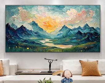キャンバスに描かれたオリジナルの抽象的な山の風景油絵、夕焼けの風景