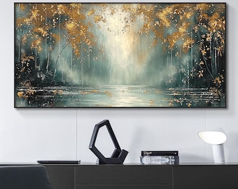 キャンバスに描かれた抽象風景画、オリジナルの金箔画、黄金の森の絵画