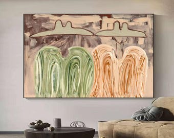 Large Abstract Pair Figures Oil Painting, Modern Minimalist Wall Art, Boho Wide Hats Textured Canvas Art, Modern Chic Bedroom Home Decor