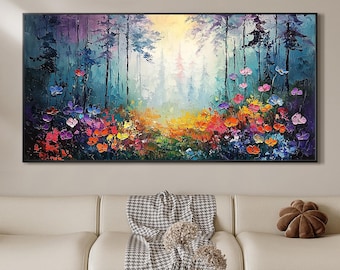 Abstract Colorful Forest Oil Painting on Canvas, Original Texture Tree Landscape Painting, Large Texture Wall Art, Living Room Home Decor