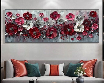 Abstract Red Flower Landscape Oil Painting on Canvas, Extra Large Wall Art Original Texture Floral Wall Art Retro Wall Art Living Room Decor