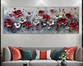 Large Abstract Flower Landscape Oil Painting on Canvas Wall Art, Texture Wall Art,Original Red Floral Wall Art Modern Wall Decor for Bedroom