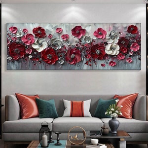 Abstract Red Flower Landscape Oil Painting on Canvas, Extra Large Wall Art Original Texture Floral Wall Art Retro Wall Art Living Room Decor