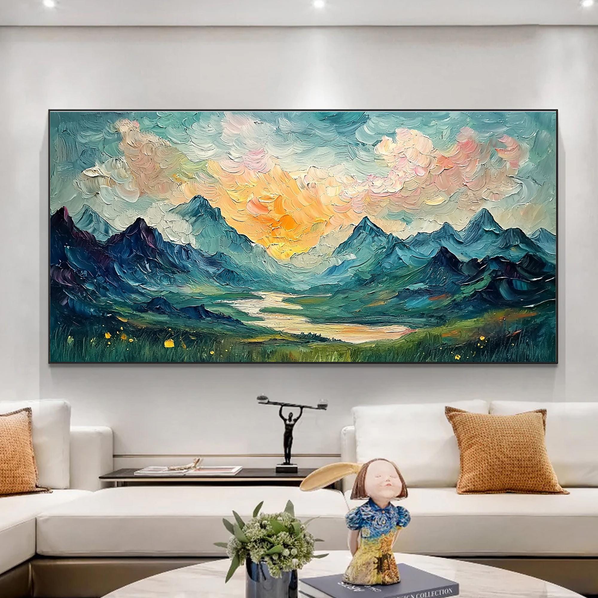 キャンバスに描かれたオリジナルの抽象的な山の風景油絵、夕焼けの風景