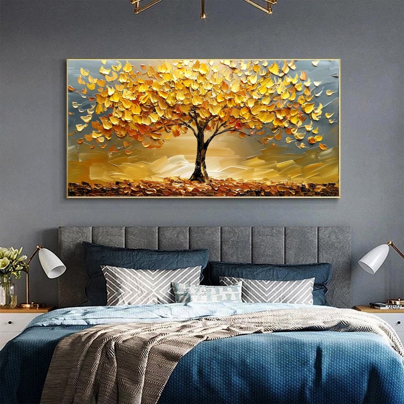 Abstract Tree Landscape Oil Painting on Canvas Original Textured Gold ...