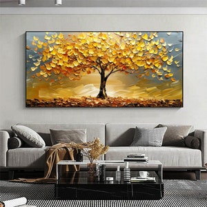 Abstract Tree Landscape Oil Painting on Canvas Original Textured Gold ...