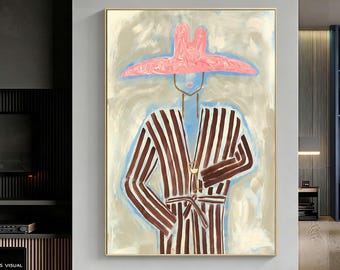Abstract Fashion-Inspired Oil Painting, Hand-Painted Modern Wall Art, Pink Hat And Striped Robe Artwork, Bold Minimalist Home Decor Canvas