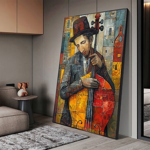 Abstract Cellist Oil Painting on Canvas, Large Wall Art Original Textured Figure Painting Contemporary Home Decor Handmade Cello Player Gift