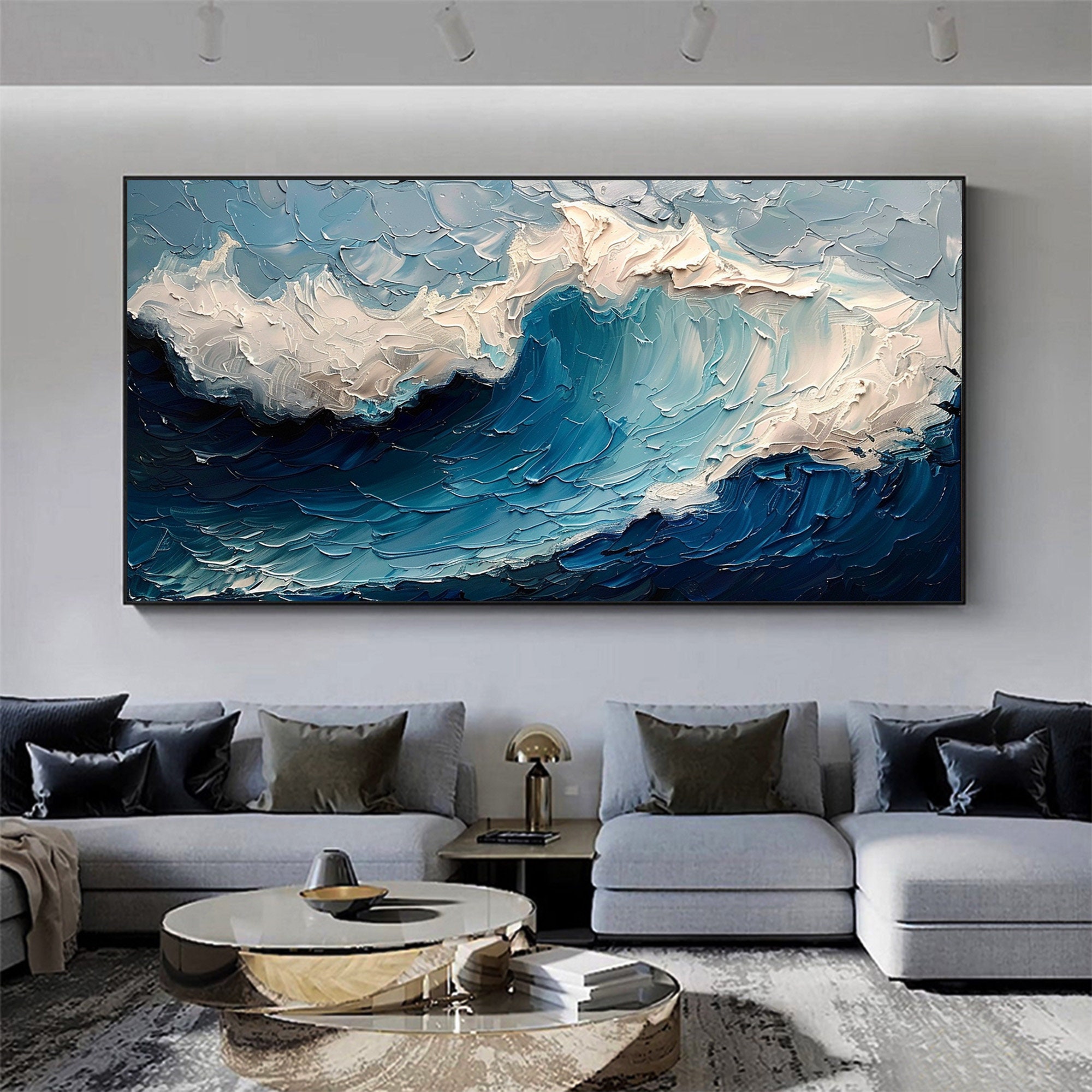 Original Blue Ocean Painting on Canvas Large Abstract Textured Sea ...