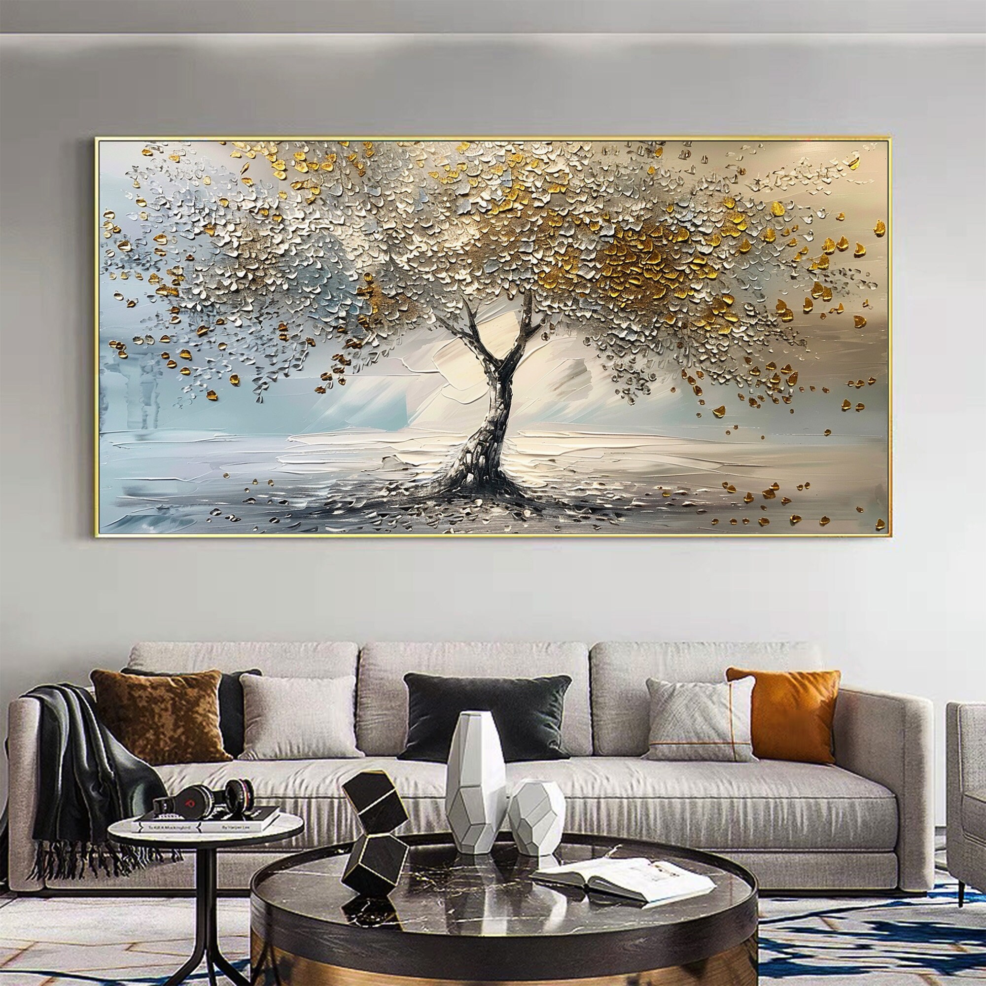 Textured Blossom Tree Oil Painting on Canvas, Large Abstract Grey Wall ...