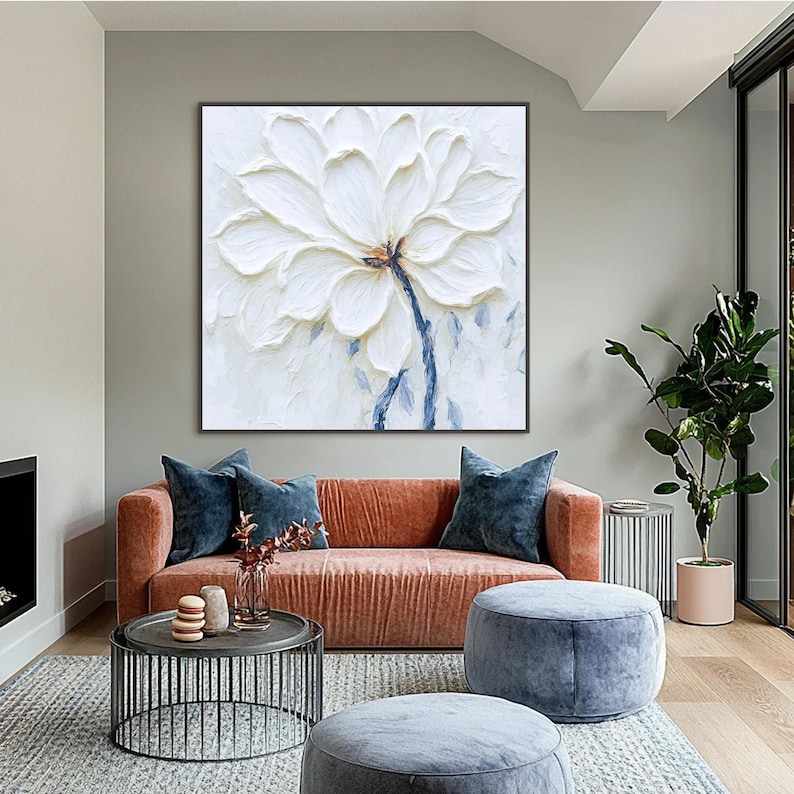 Original Textured White Flower Painting, 3D Floral Wall Art, Minimalist Impasto Canvas Art, Modern Artwork, Large Square Art For Living Room