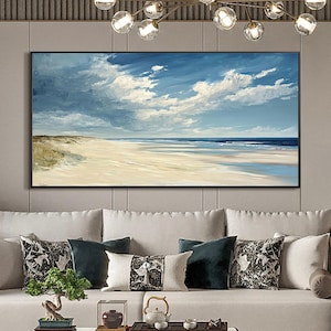 Minimalist Blue Ocean Oil Painting on Canvas, Abstract Sea Waves Painting, Large Original Ocean Seascape Wall Art, Modern Living Room Decor