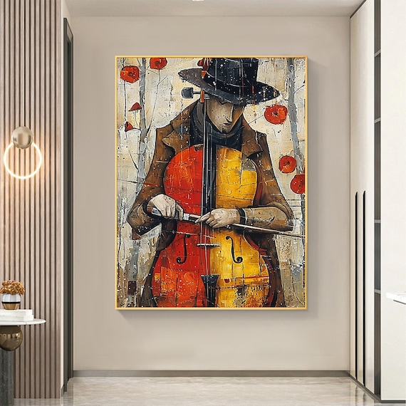 Large Abstract Cellist Oil Painting on Canvas Wall Art, Original Contemporary Custom Painting Bedroom Wall Decor Cello Player Gift for Him