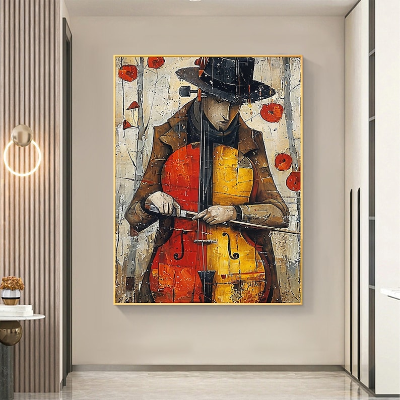 Large Abstract Cellist Oil Painting on Canvas Wall Art, Original Contemporary Custom Painting Bedroom Wall Decor Cello Player Gift for Him