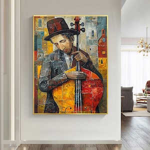 Abstract Cellist Oil Painting on Canvas, Large Wall Art Original Textured Figure Painting Contemporary Home Decor Handmade Cello Player Gift