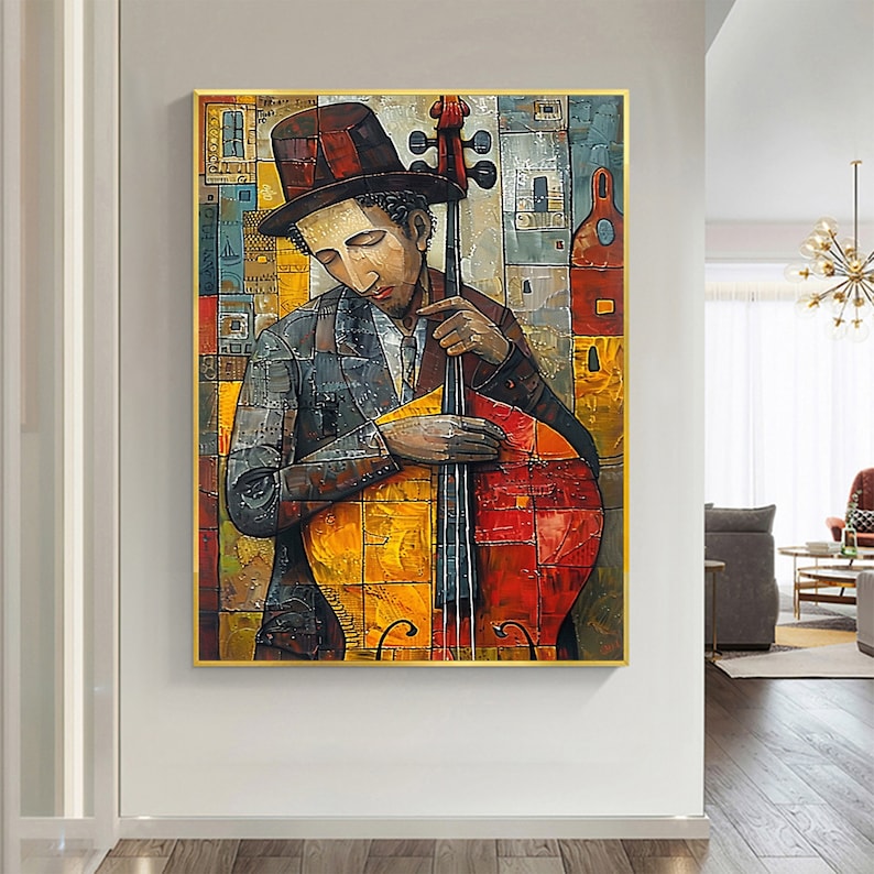 Abstract Cellist Oil Painting on Canvas, Large Wall Art Original Textured Figure Painting Contemporary Home Decor Handmade Cello Player Gift
