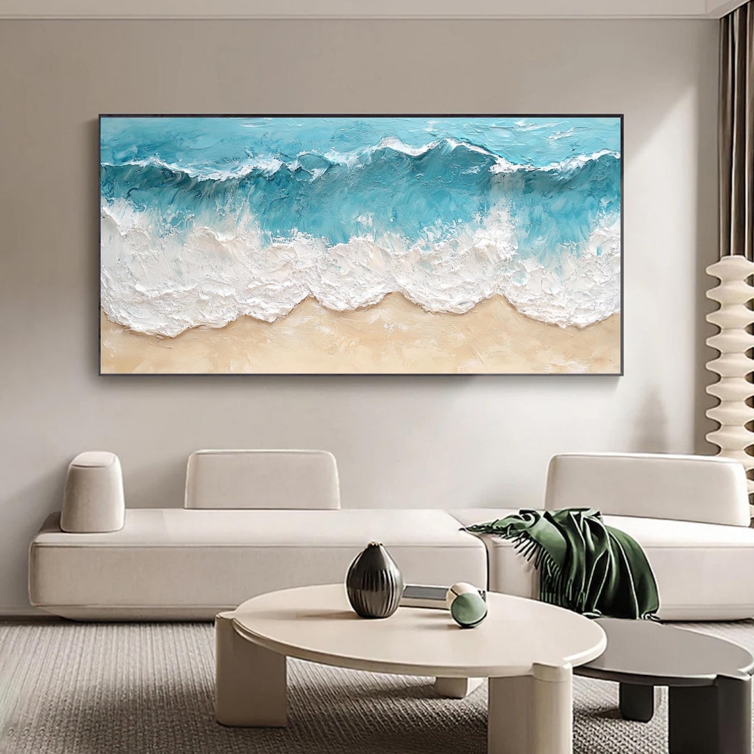 Original Blue Ocean Beach Painting on Canvas, Large Abstract Textured ...