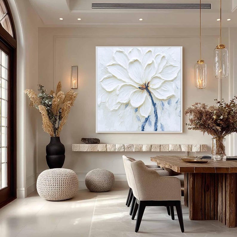 Original Textured White Flower Painting, 3D Floral Wall Art, Minimalist Impasto Canvas Art, Modern Artwork, Large Square Art For Living Room