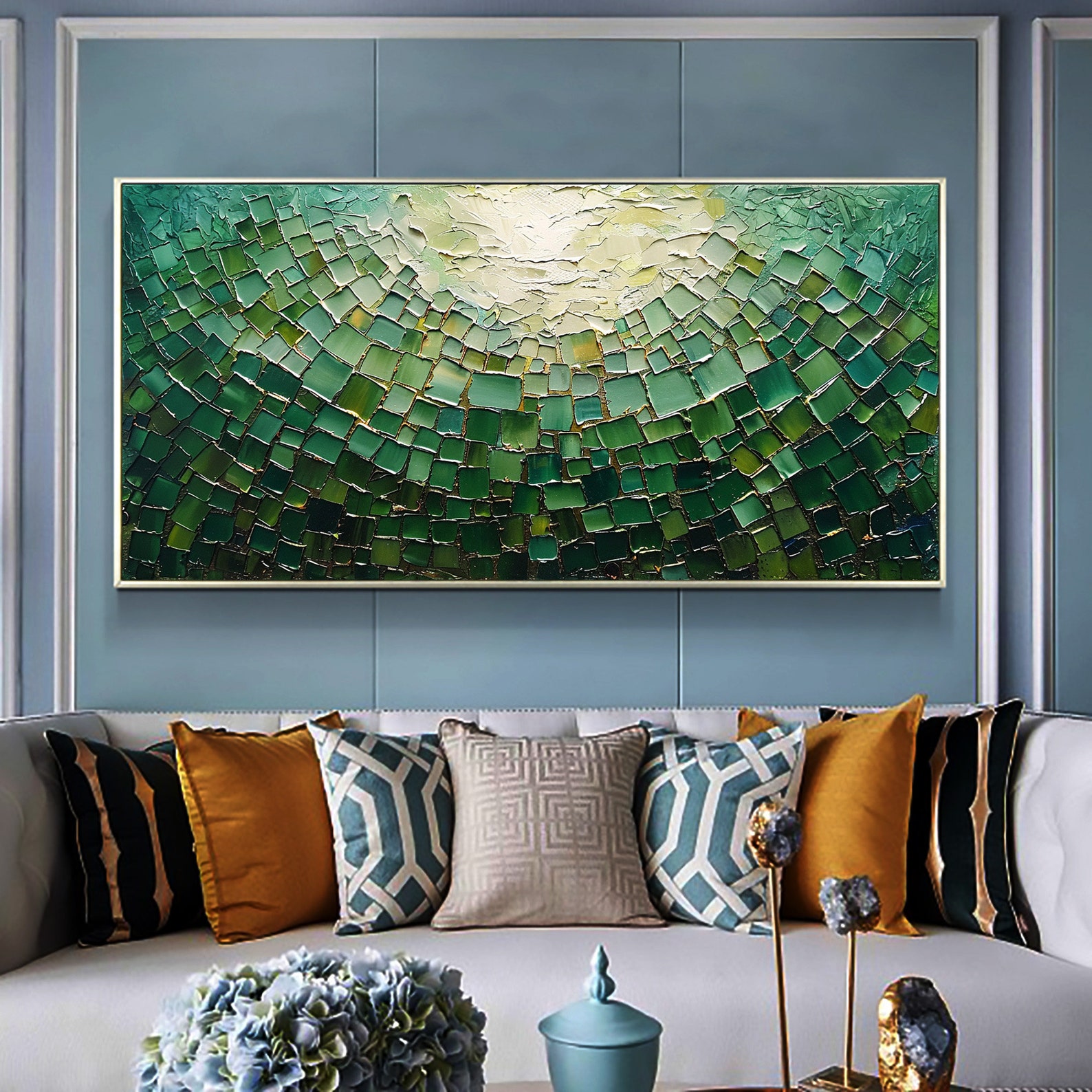 Original Green Oil Painting on Canvas, Large Abstract Textured Palette ...