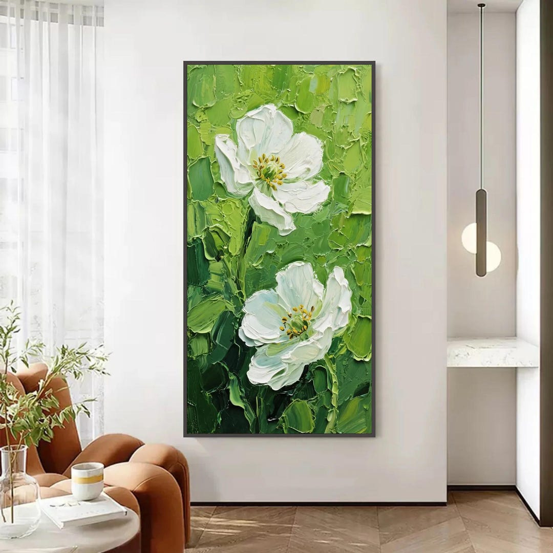 Original Blooming White Flower Oil Painting on Canvas, Large Wall Art ...