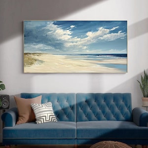 Minimalist Blue Ocean Oil Painting on Canvas, Abstract Sea Waves Painting, Large Original Ocean Seascape Wall Art, Modern Living Room Decor