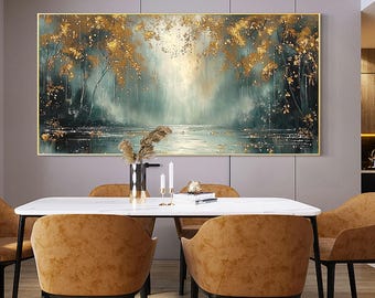 キャンバスに描かれた抽象風景画、オリジナルの金箔画、黄金の森の絵画
