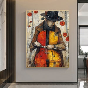 Large Abstract Cellist Oil Painting on Canvas Wall Art, Original Contemporary Custom Painting Bedroom Wall Decor Cello Player Gift for Him