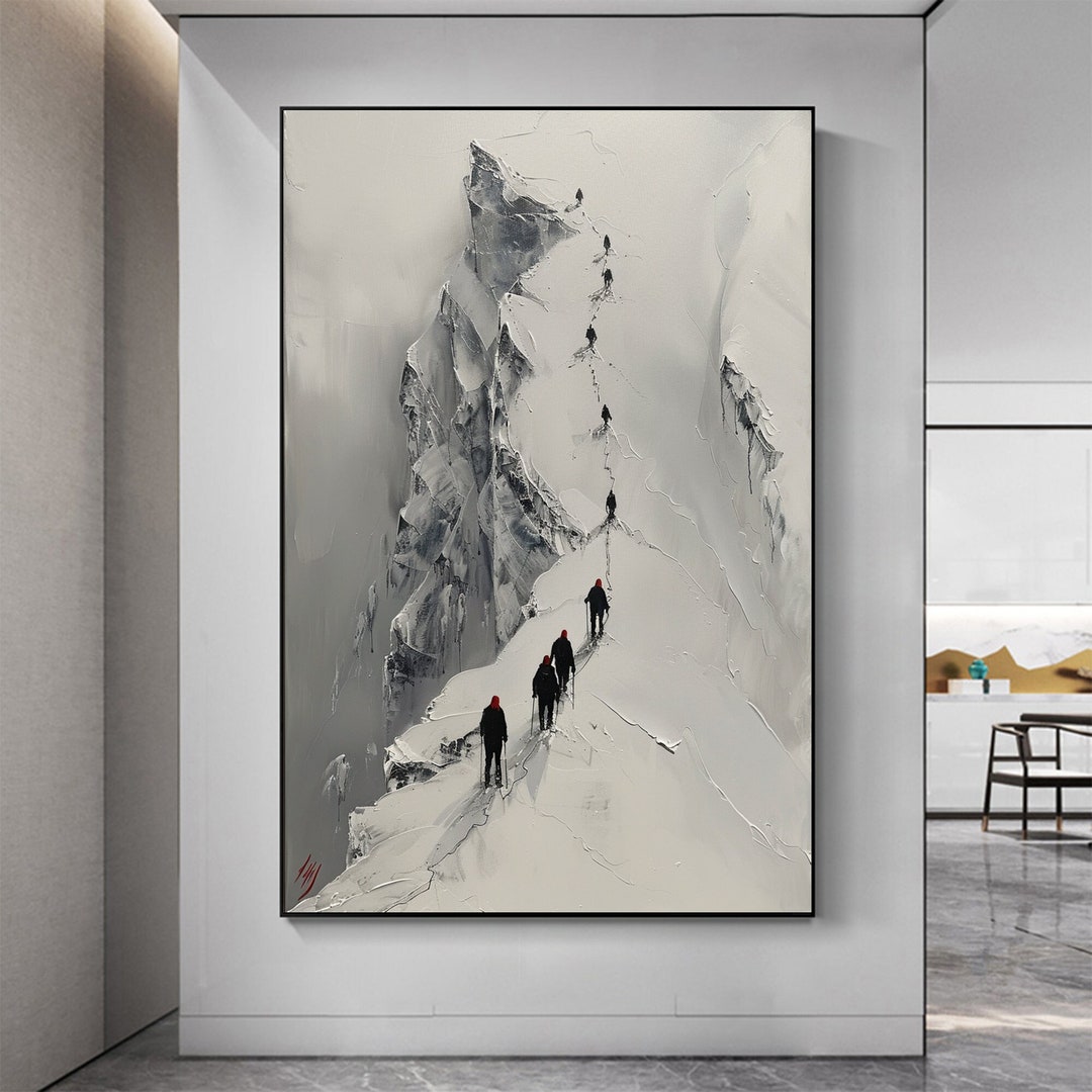 Original Climbing Oil Painting on Canvas, Large Abstract Snow Mountain ...