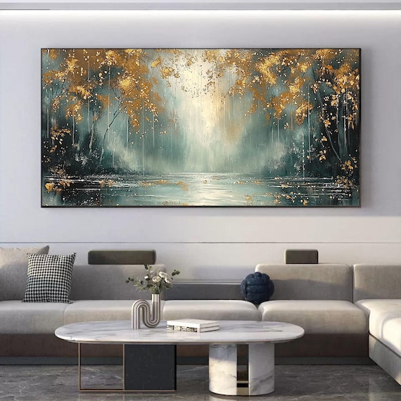 キャンバスに描かれた抽象風景画、オリジナルの金箔画、黄金の森の絵画