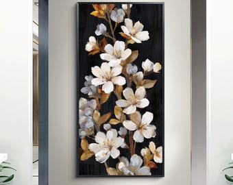Pintura original de flores blancas sobre lienzo negro, obra de arte floral abstracta con espátula, arte botánico en lienzo, decoración para sala de estar.